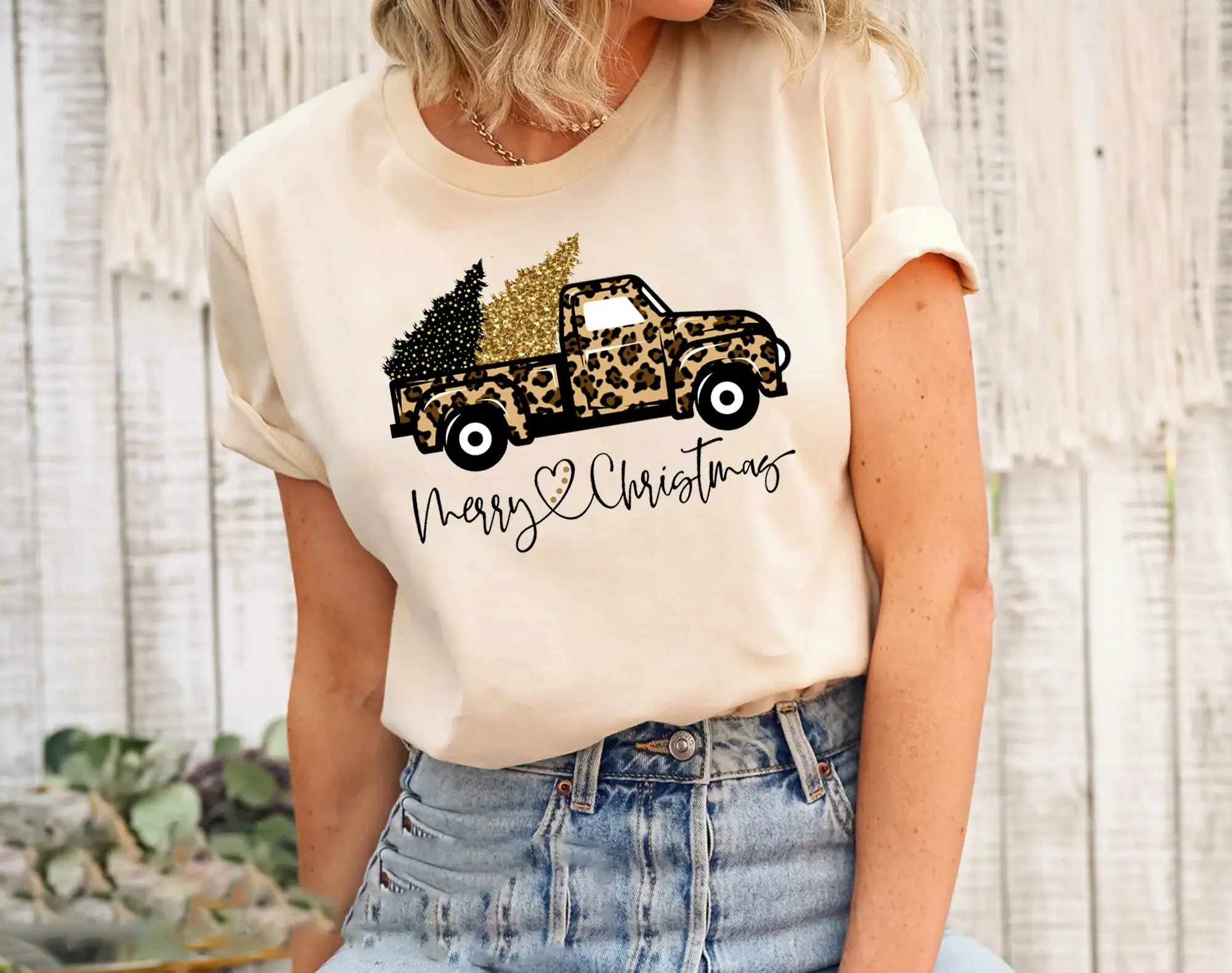Family Tree Print - Kersttruck T-shirt Leopard Tree Family Holiday